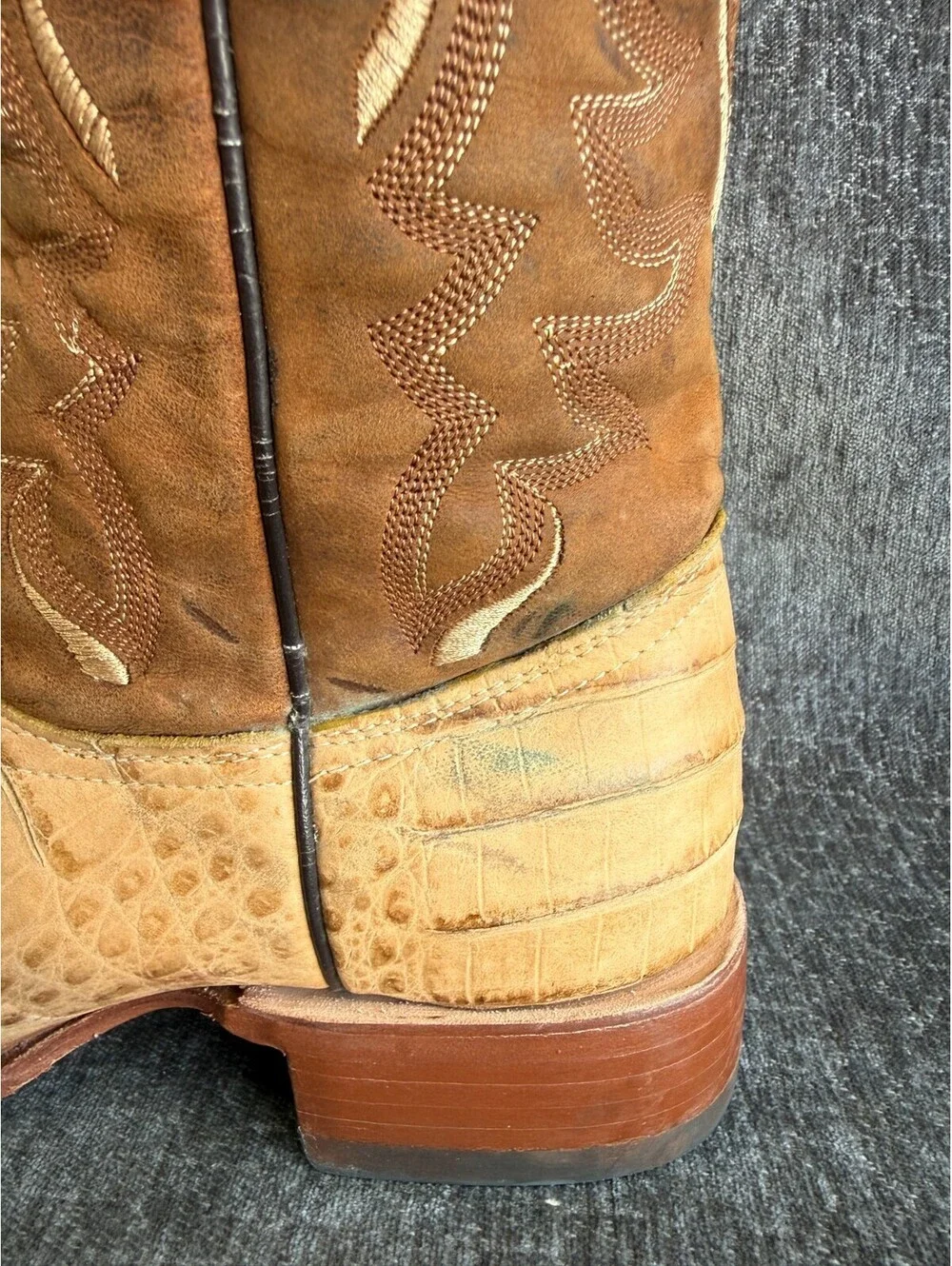 Tanner Mark Mens Cowboy Boots Size 7 Caiman Tail Print Tan Leather Square Toe
